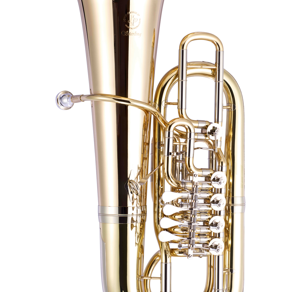 John Packer JP379FF Sterling F Tuba with high-grade brass finish, 4 inline rotary valves, and ergonomic design for professional players.