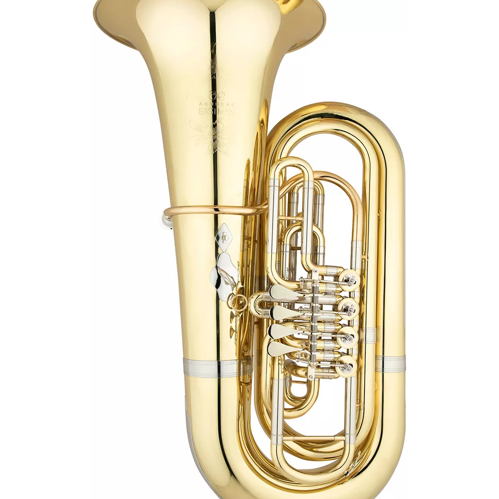 Eastman EBB562 Bb Tuba with .748" bore, 17 3/4” yellow brass bell, four front-action rotary valves, and clear lacquer finish, with deluxe case.