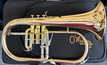 Gold flugelhorn on a black case with 'O'Malley' branding.