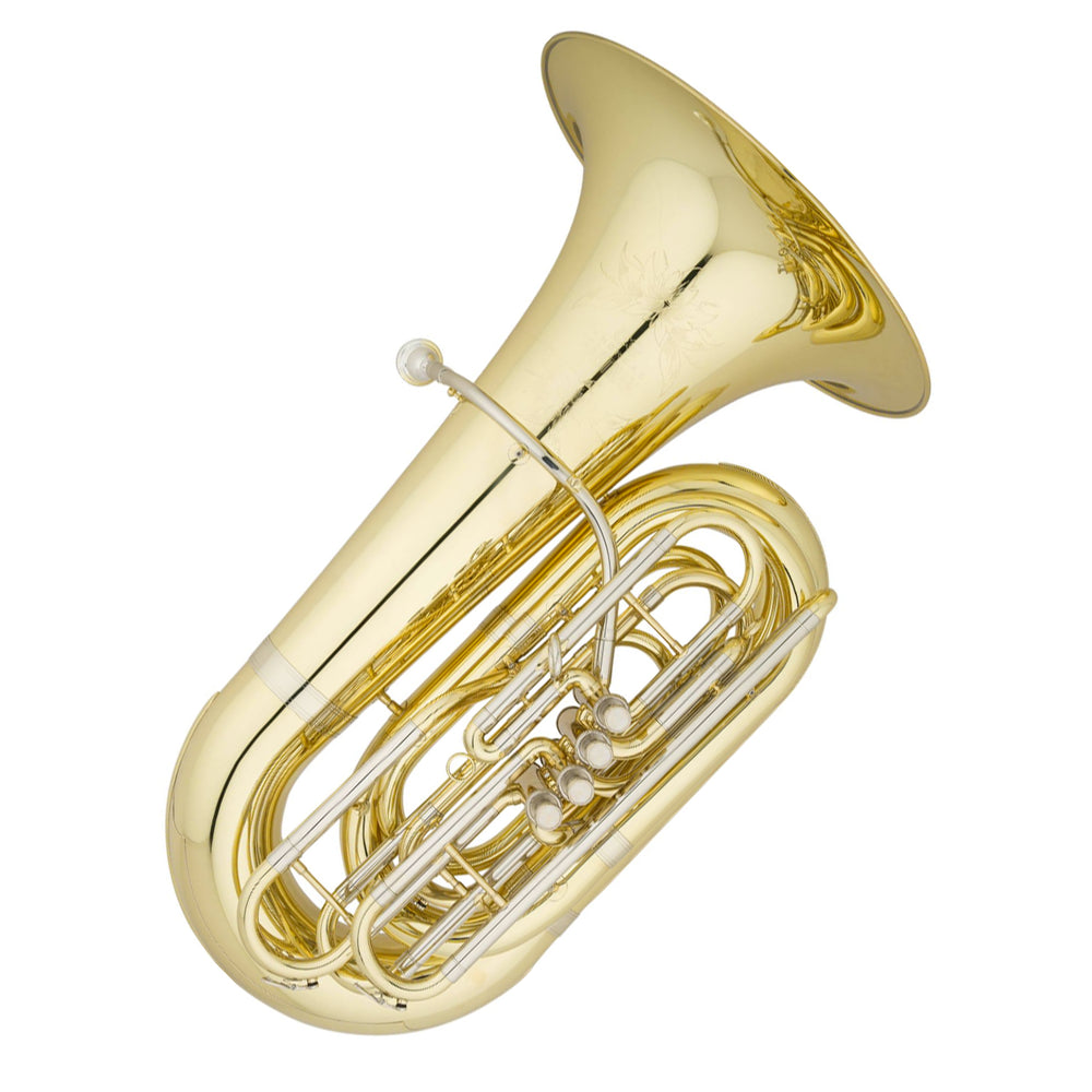 Eastman EBB534 4/4 size BBb Tuba with lacquer finish and four front action pistons, showcasing a large bell and intricate valve assembly.
