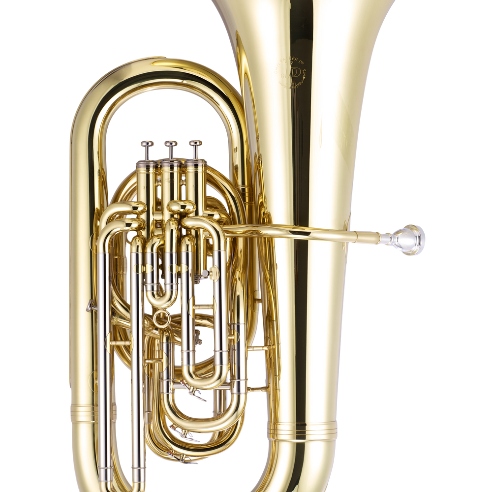 John Packer JP277 EEb Tuba with a shiny brass finish, four piston valves, and a large 19-inch bell.